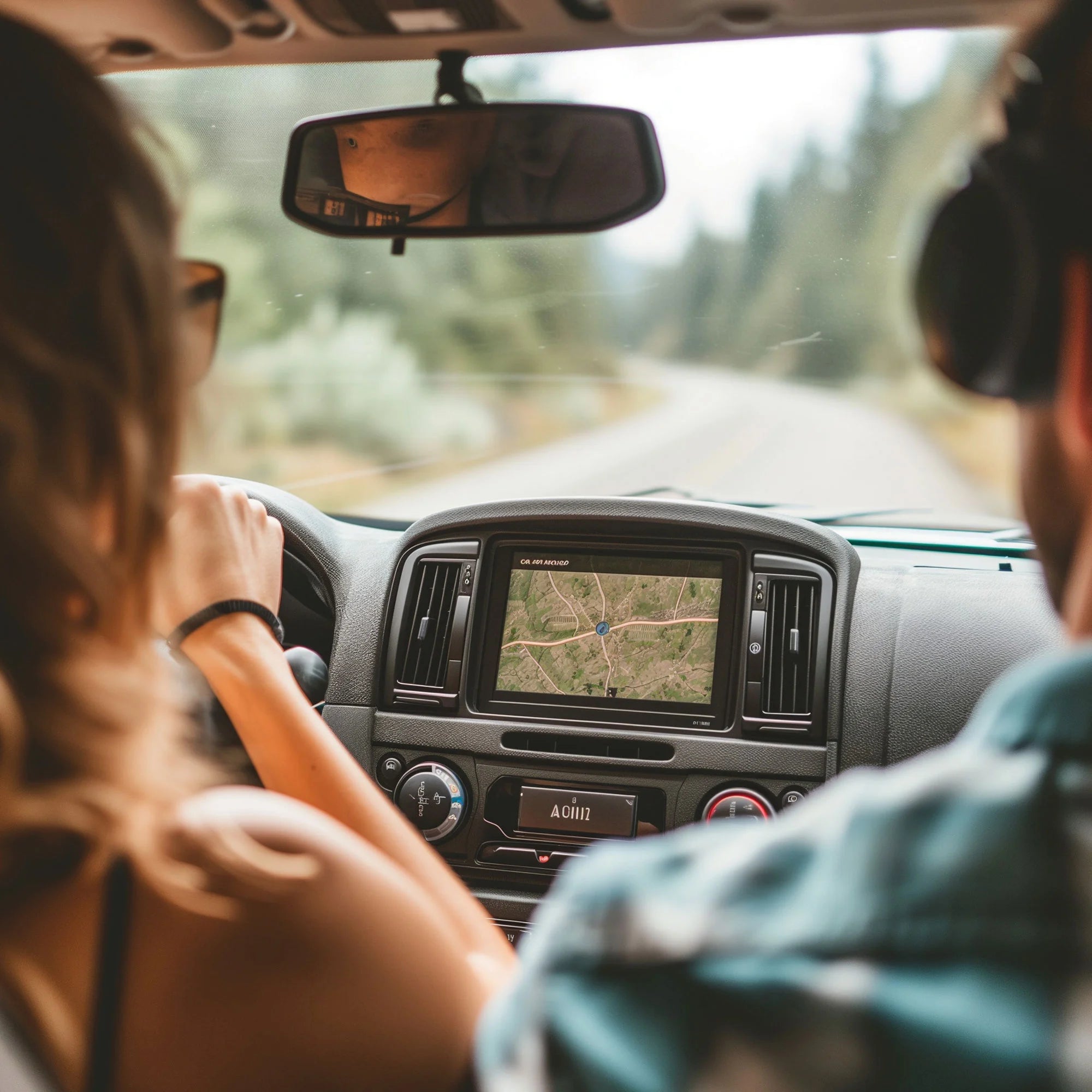 A couple enjoying a road trip, following the GPS towards their destination on an open road.