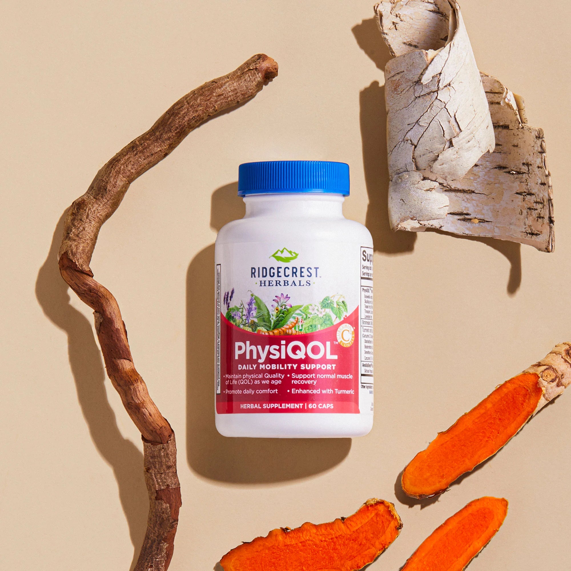 PhysiQOL supplement on cream backdrop surrounded by white willow bark, turmeric, and boswellia.