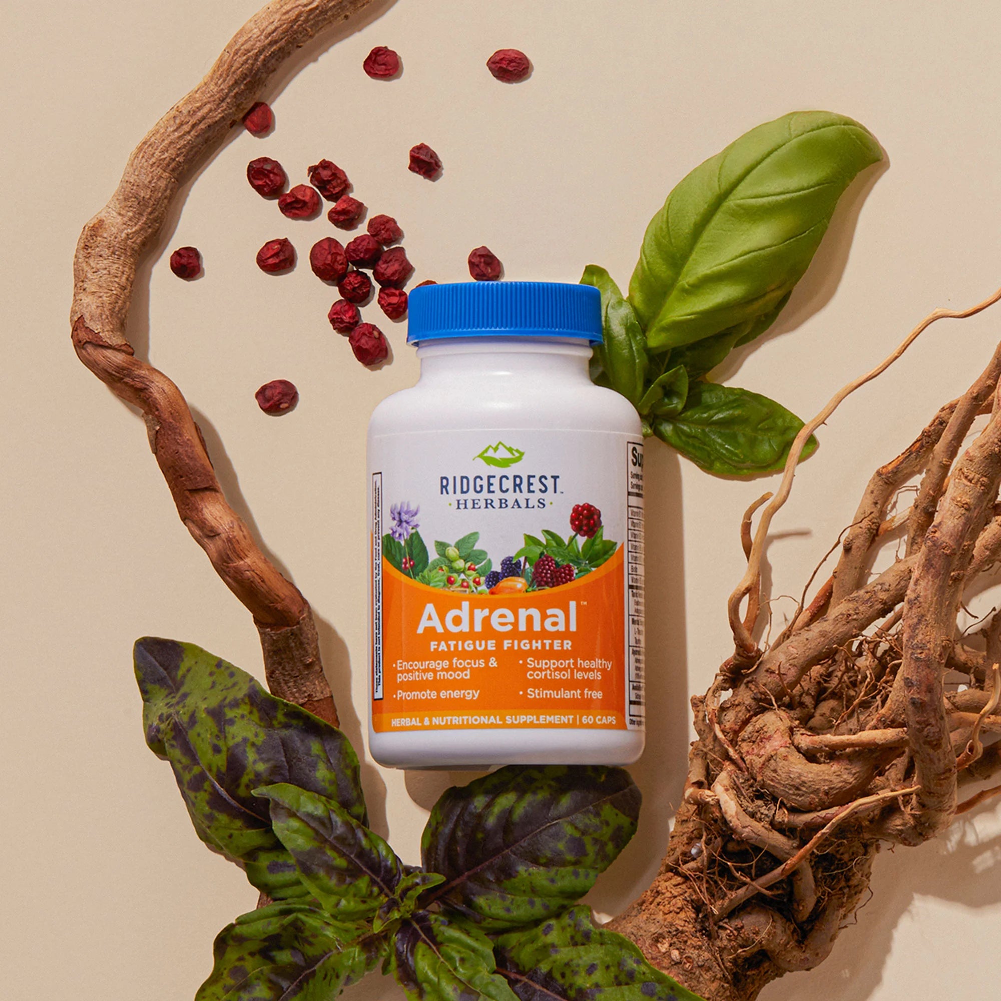 AdrenaLove supplement surrounded by Siberian ginseng, holy basil, schisandra, and astragalus root.