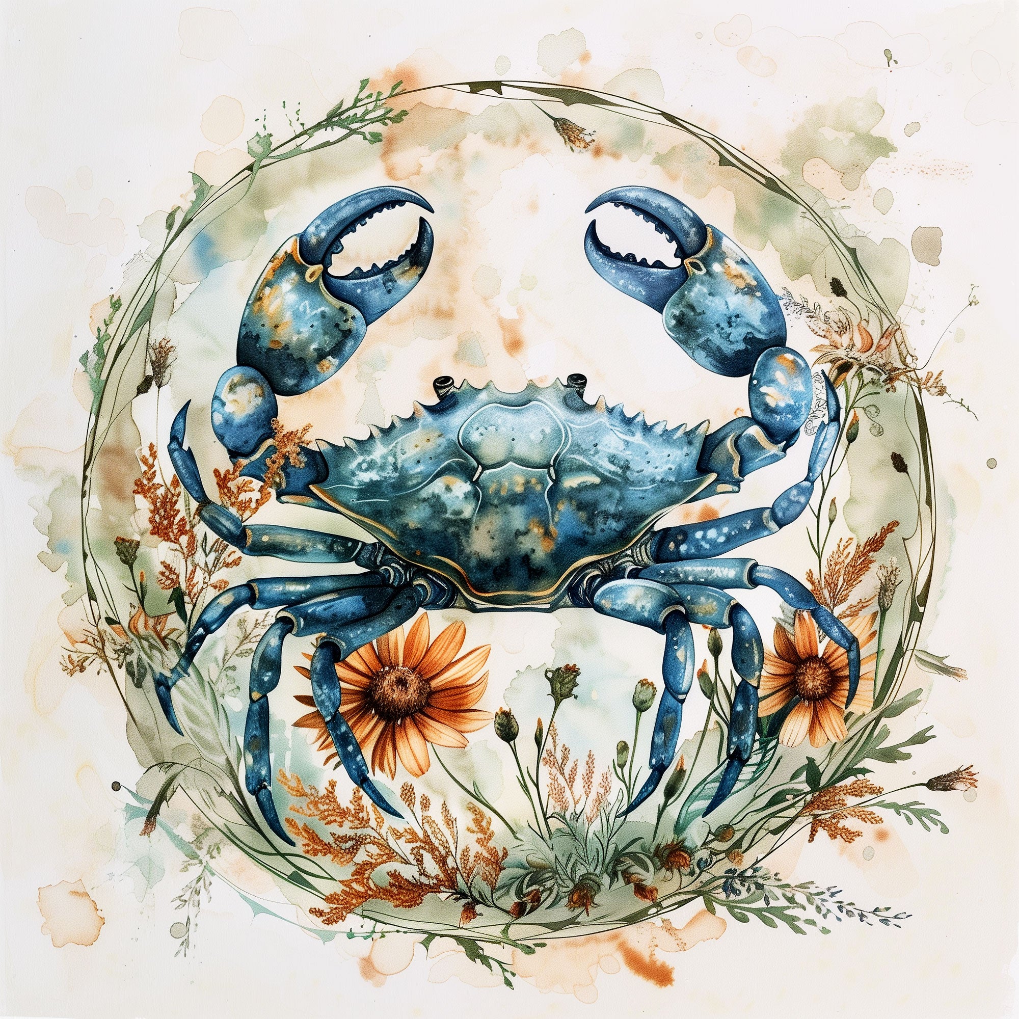 Elegant and detailed illustration of a detailed blue crab surrounded by floral and botanical elements for the Cancer zodiac sign 