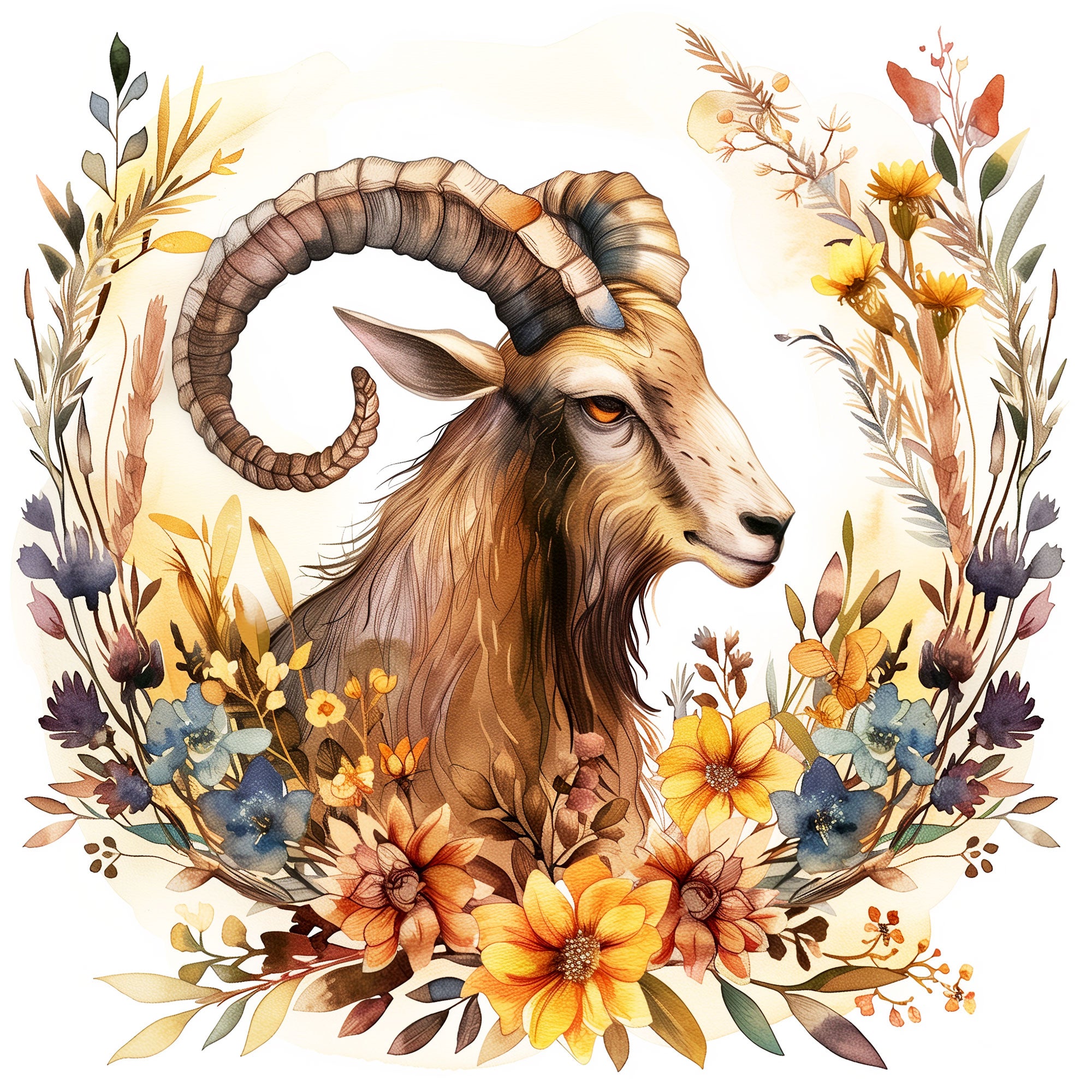 A soft artistic image of a goat surrounded by flowers for the Capricorn zodiac sign.