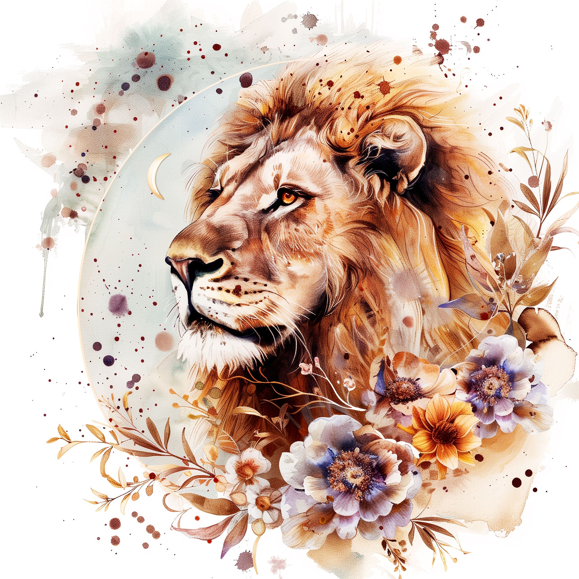 Soft artistic image of a lion surrounded by flowers for the Leo zodiac sign.