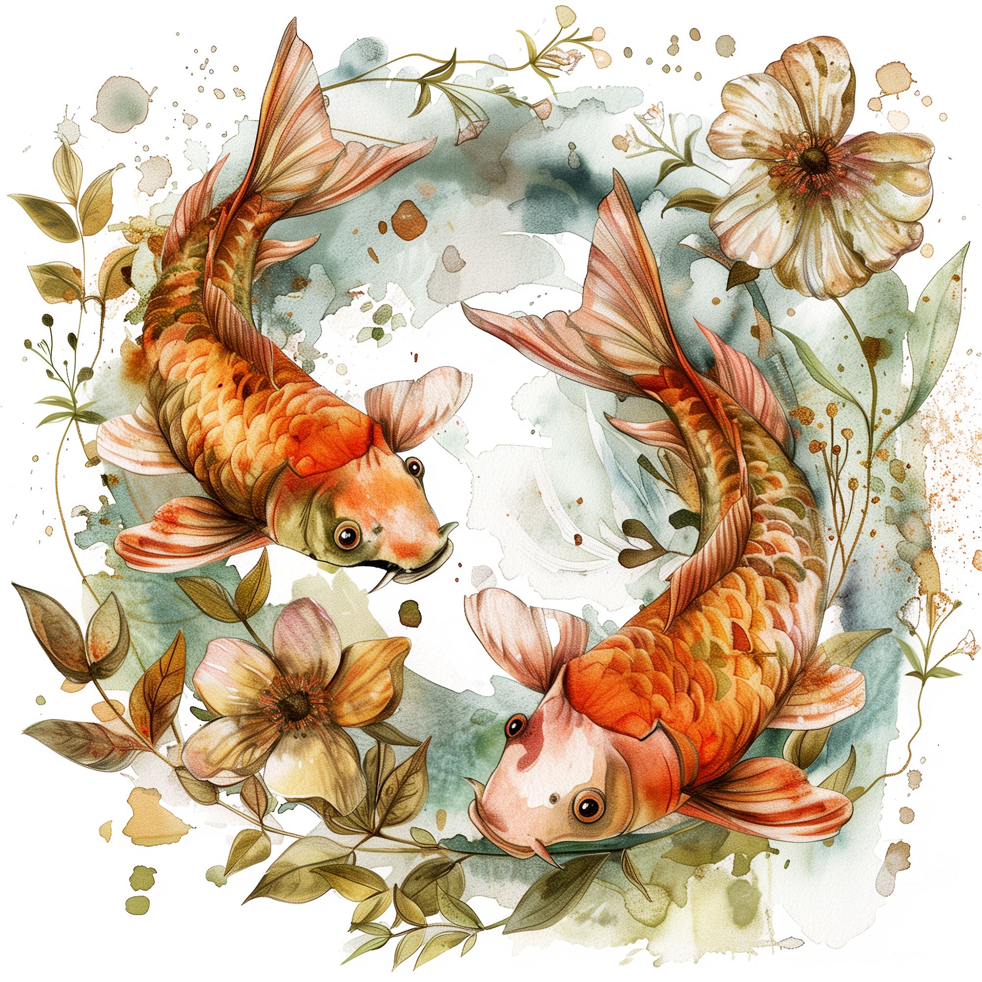 Pretty illustration of two fish among flowers and foliage for the Pisces zodiac sign.