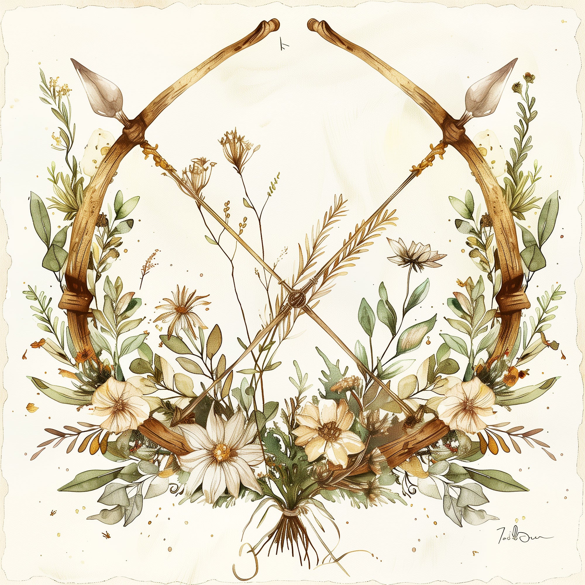 Elegant illustration of a bow and arrow with flowers and foliage for the Sagittarius zodiac sign.