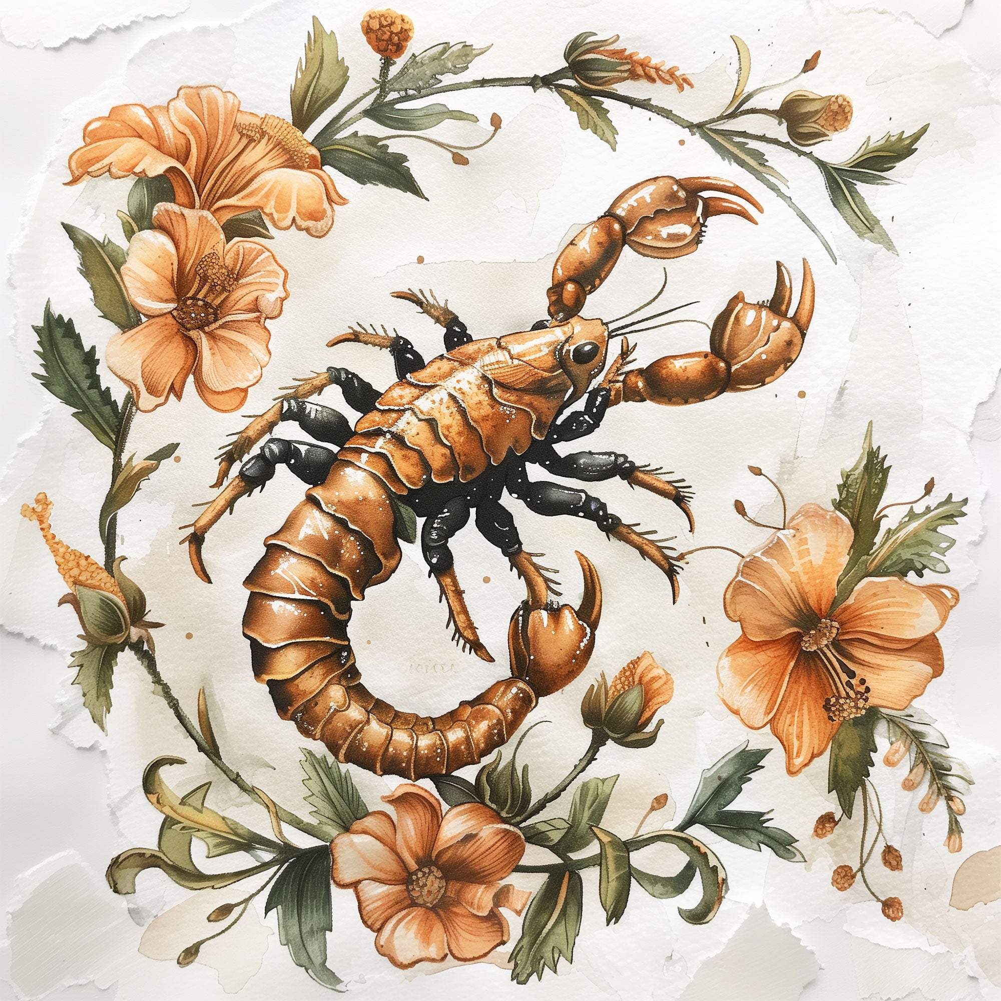 A scorpion surrounded by vibrant orange flowers for the Scorpio star sign