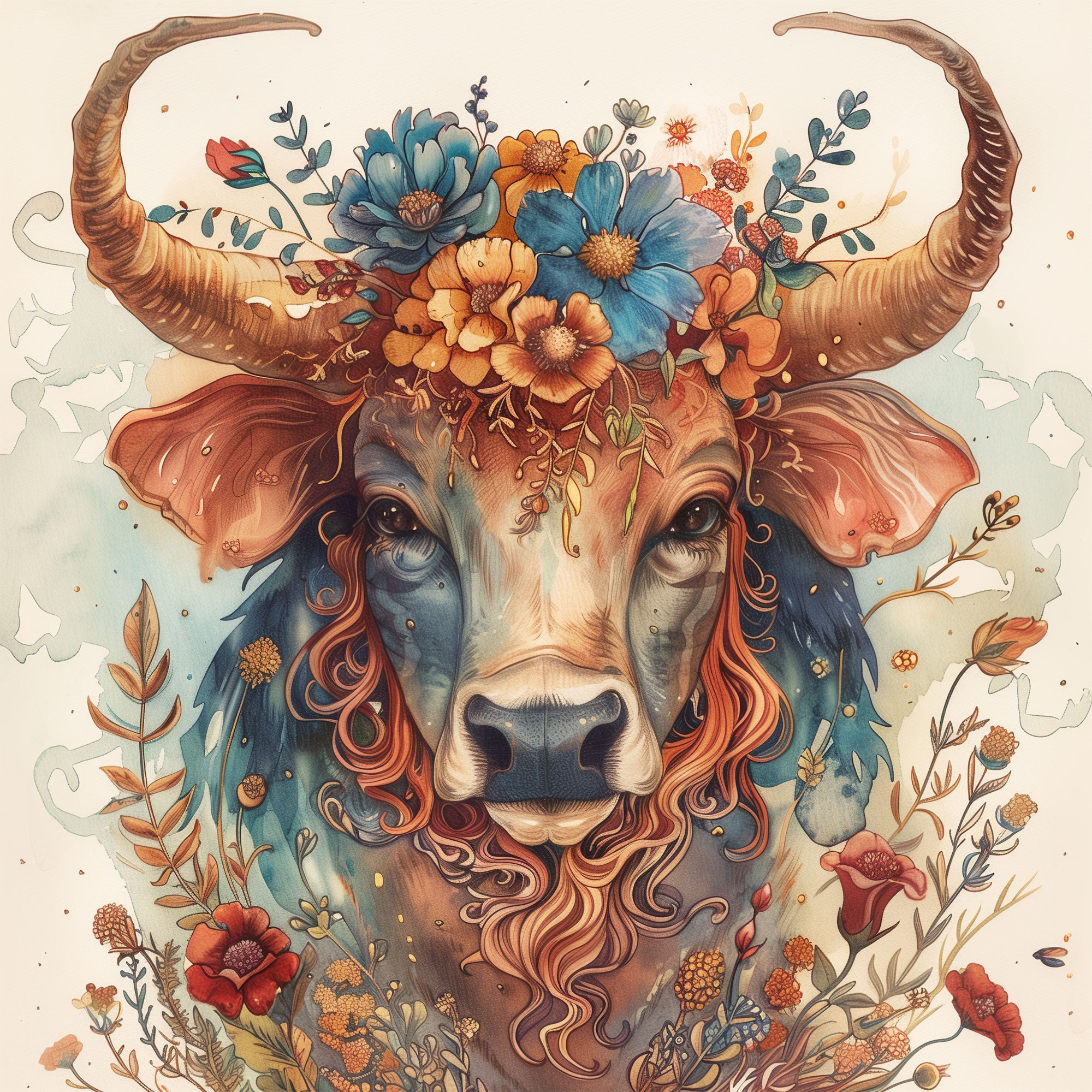 Elegant and detailed illustration of a bull surrounded with colorful flowers and foliage for the Taurus zodiac sign.