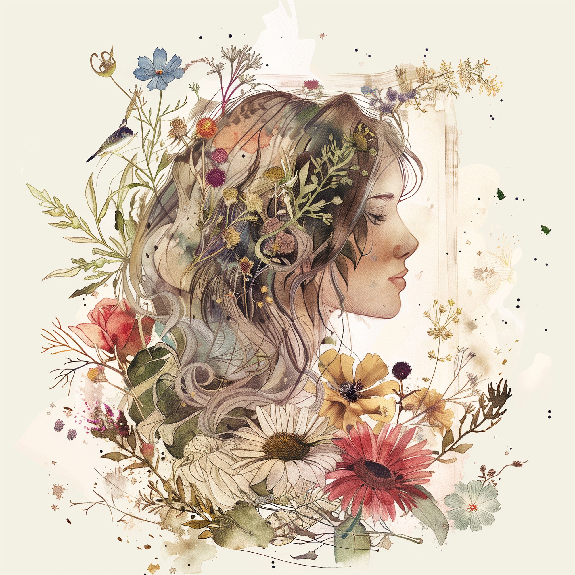 A delicate profile of a woman surrounded by flowers and plants for the Virgo star sign