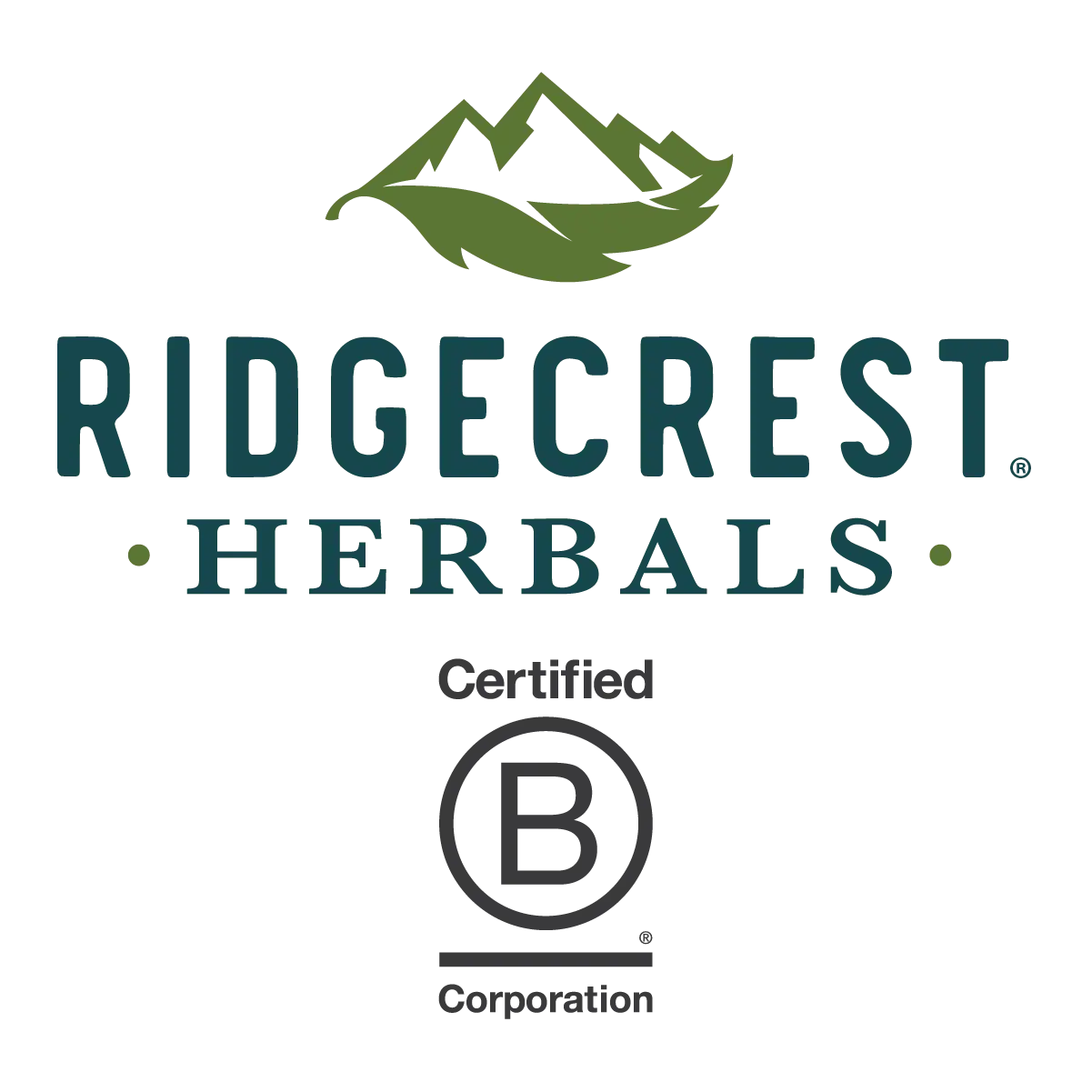 RidgeCrest Herbals logo with a green mountain and leaf design above the brand name, along with a Certified B Corporation badge below